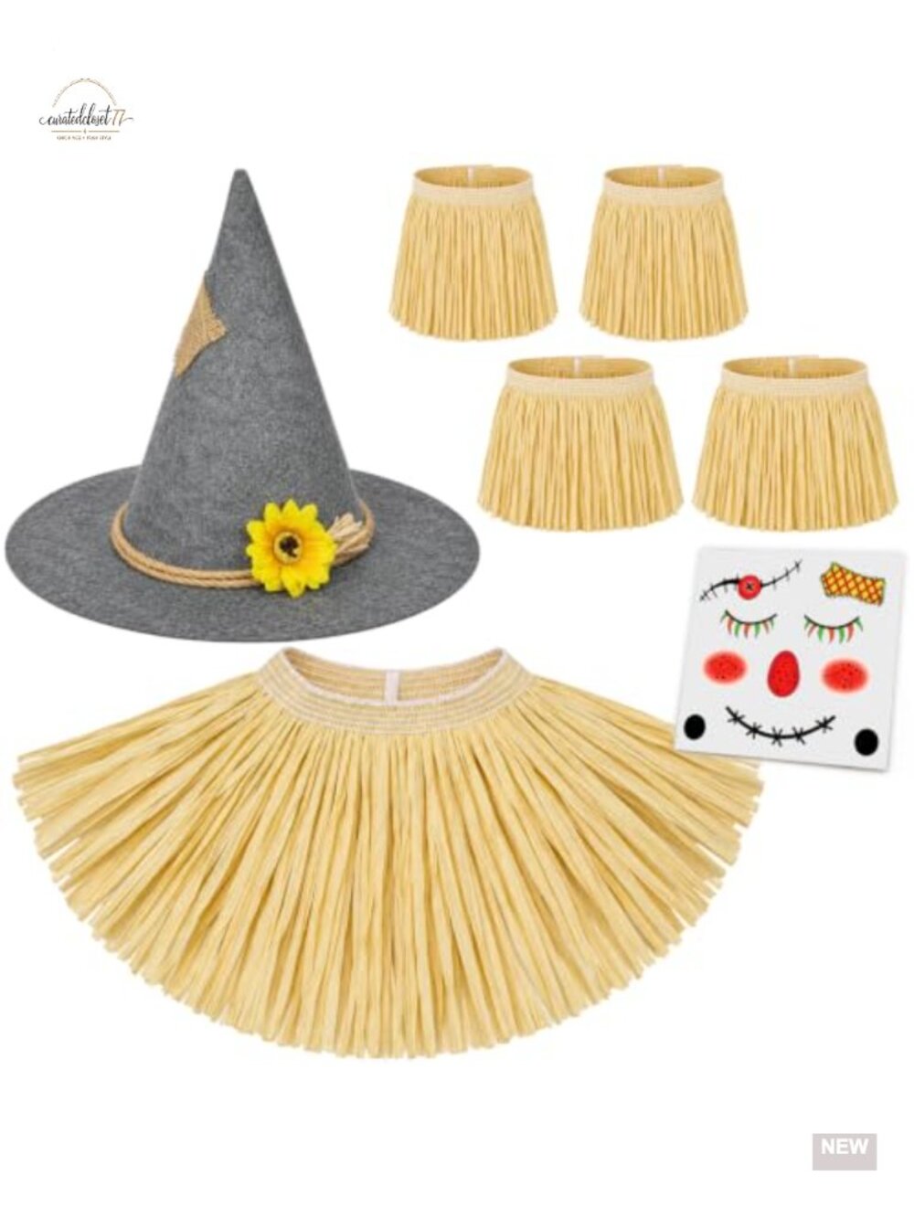 7PC Halloween Straw Costume Accessory Set Felt Raffia Hat Collar Bands